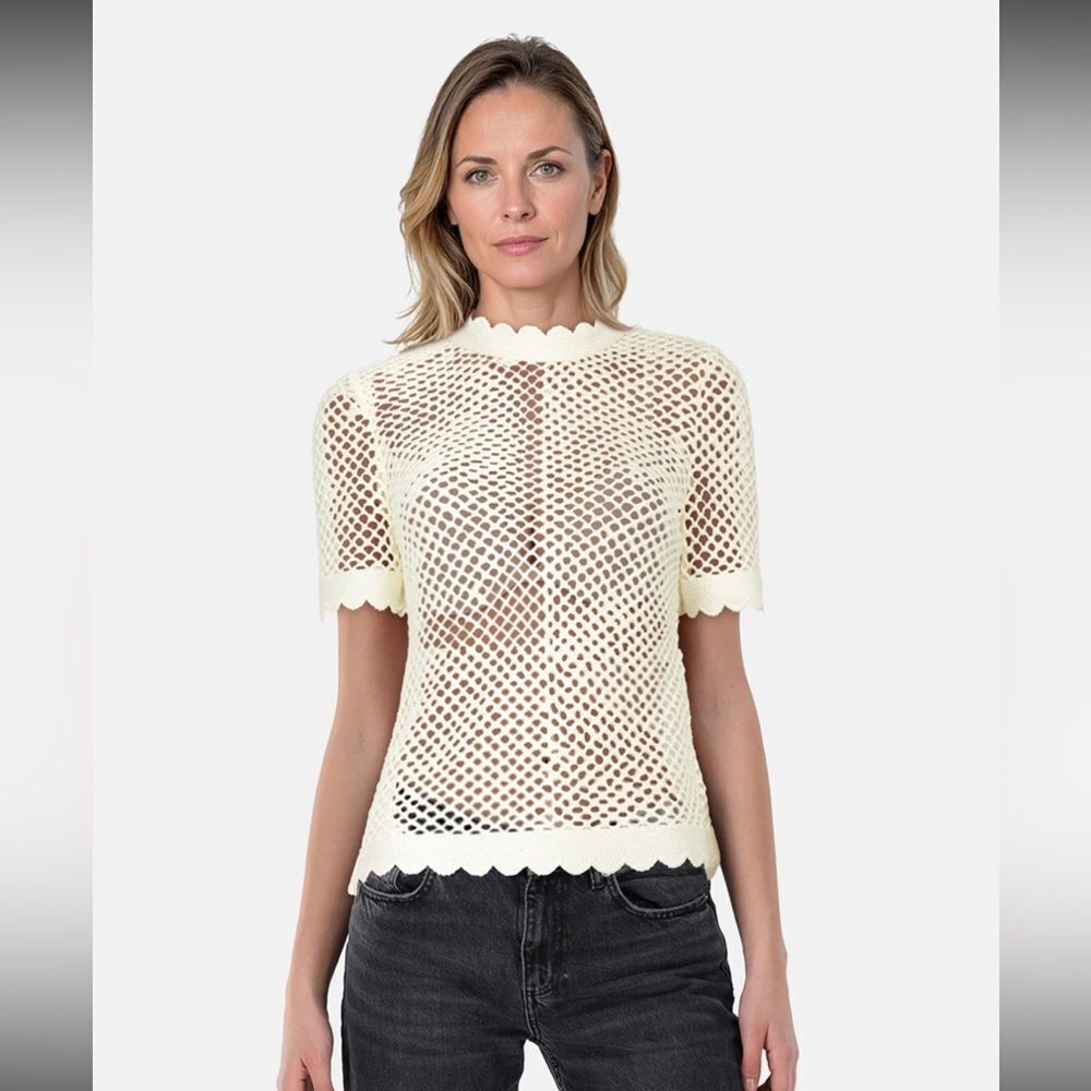 Self-Portrait White / Cream Crochet Knit Scallop Trim Top Size 4